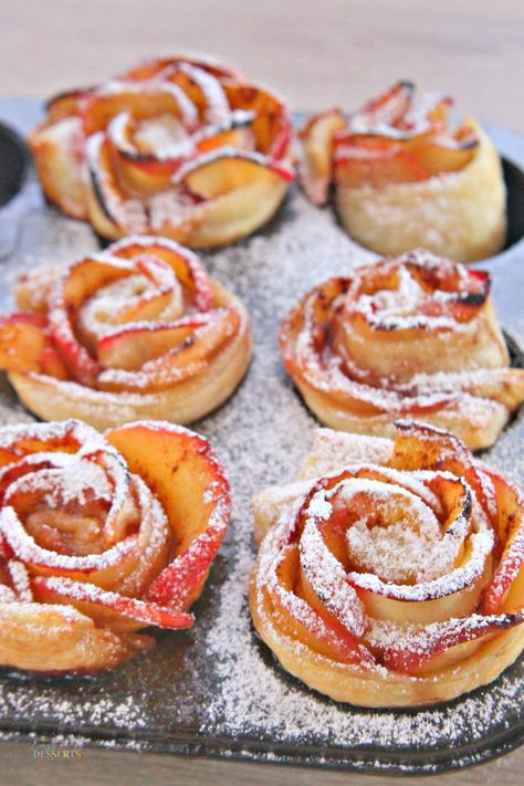 Apple Roses Recipe, Baked Apple Roses, Apple Rose Pastry, Apple Rose Tart, Apple Pastry, Romantic Desserts, Apple Puff Pastry, Rose Recipes, Apple Roses