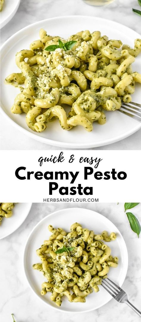 This simple, creamy pesto pasta is wonderfully herby and so easy to make in just 20 minutes for a weeknight meal the whole family will love! Easy Pesto Recipes, Easy Pasta Pesto Recipes, Pioneer Woman Creamy Pesto Pasta, Simple Pasta Recipes Vegetarian, Healthy Creamy Pesto Pasta, Pesto Pasta Healthy Recipe, Pesto Creamy Pasta, Pesto Pasta Creamy, Dairy Free Pesto Chicken Pasta