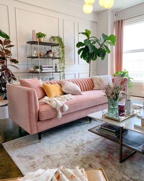 Blush Sectional Living Rooms, Joybird Pink Couch, Midcentury Glam Interior Design, Pink Couch Boho Living Room, Light Pink Sofa Living Room Ideas, Pink Couch Office Ideas, Velvet Pink Couch Living Room Ideas, Pink Couch Living Room Ideas Bohemian, Rose Couch Living Room