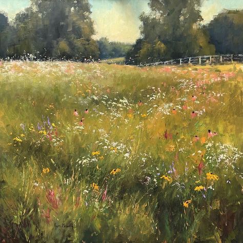 Green Pastures Painting, Painting Of Grass Fields, Flowers And Grass Painting, Drawing Field Of Flowers, Grassy Meadow Painting, Impressionist Flower Field, Meadow Oil Painting, Field With Flowers Painting, Painted Field Of Flowers