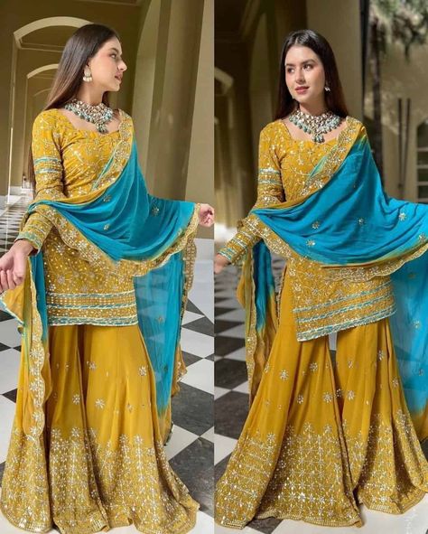 Yellow Sharara Suits, Punjabi Sharara Suits, Yellow Sharara, Haldi Dress, Sharara Suits, Punjabi Dress, Pakistani Fancy Dresses, Sharara Suit, Indian Dresses Traditional