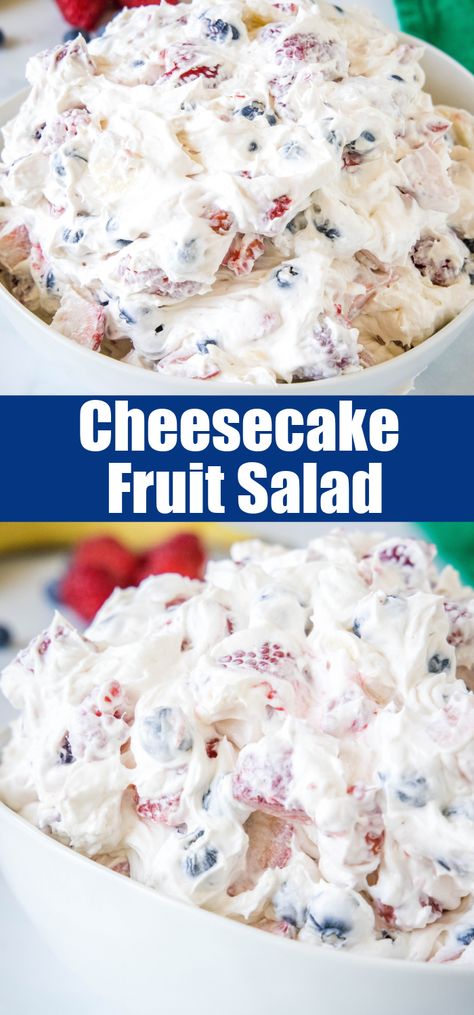 Cheesecake fruit salad is a cool and creamy side dish that doubles as dessert! Made with cream cheese, whipped topping, and fresh fruit. #cheesecake #fruitsalad #summer Pandas, Cheesecake Fruit Dip With Pudding, Fruit Dish Ideas, Fruit Sides For Dinner, Fruit Salad With Cheesecake Pudding, Fruit Salad Whipped Cream, Casserole Dish Desserts, Easy Fruit Salad For Party, Fruit Salad Cheesecake Recipe