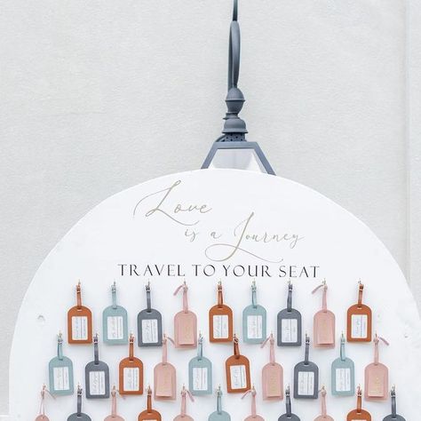 Wed Society | Houston (bridesofhouston) on Instagram: "Travel to your seat ✈️ Faith + Ty's unique seating chart: luggage tags! This fast-growing trend is perfect for the couple that loves to travel or a cute touch if you have lots of guests flying in for your celebration. •⁠ •⁠ Brides of Houston FEATURED vendors:⁠ Venue: @thepeachorchardvenue⁠ Wedding Planner: @setinstonehtx⁠ Photography: @allyjoephotography⁠ •⁠ •⁠ // Photo:⁠ @allyjoephotography⁠ •⁠ •⁠ #bridesofhouston #houstonwedding ⁠#wsweddi Nerd Wedding Seating Chart, Globe Seating Chart Wedding, Luggage Tag Party Favors, Adventure Seating Chart, Luggage Tags Wedding Seating Chart, Luggage Tag Wedding Place Cards, Wedding Seating Chart Luggage Tags, Luggage Tags Seating Chart, Boarding Pass Seating Chart