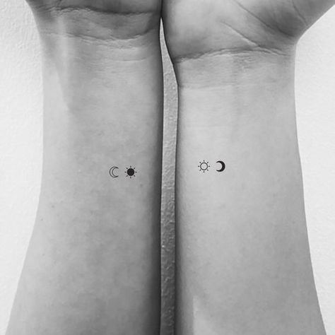 Moon And Sun Couple, Friend Tats, Small Best Friend Tattoos, Couple Tat, Friend Tattoos Small, Matching Bff Tattoos, Maching Tattoos, Matching Friend Tattoos, Cute Matching Tattoos