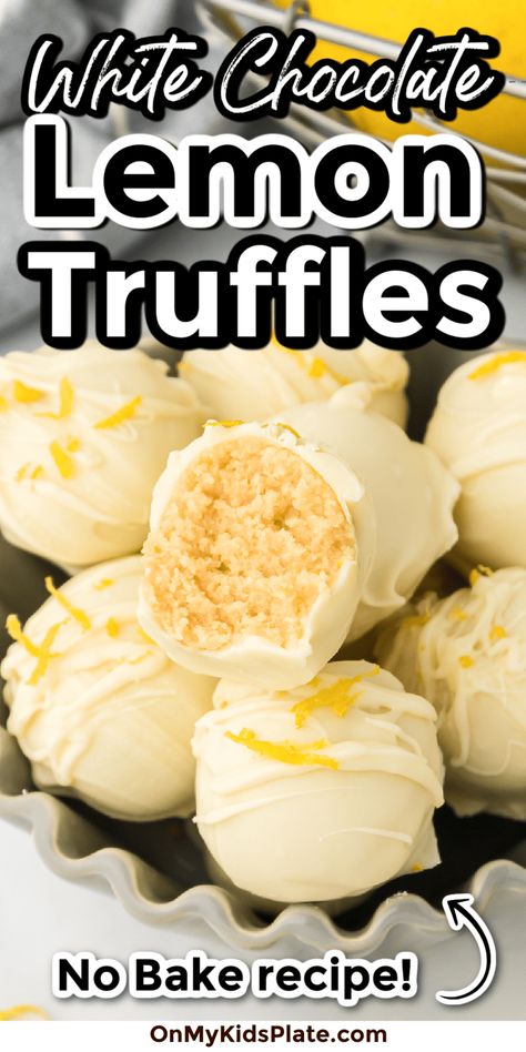 These delicious white chocolate lemon truffles are bursting with fresh tart lemon and sweet white chocolate flavor. Perfect for all lemon lovers, the inside is made with Golden oreos! Cake Pops, Lemon Chocolate Desserts, White Chocolate Lemon Truffles, Spring Truffles, Lemon Desserts With Fresh Lemons, Lemon Cake Balls, White Treats, Lemon Balls, Lemon Truffle