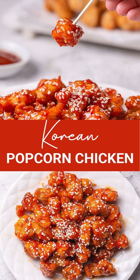 High Protein Korean Popcorn Chicken, Baked Korean Popcorn Chicken, Korean Chicken Popcorn, Korean Sweet Spicy Chicken, Asian Popcorn Chicken, Popcorn Chicken Sauce, Recipes Using Popcorn Chicken, Korean Popcorn Chicken, Chicken Pops Recipe