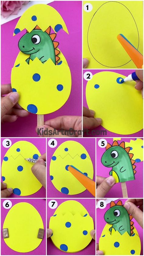 DIY Hatching Baby Dinosaur Craft Using Popsicle Stick - Kids Art & Craft Dinosaur Popsicle Stick Craft, Dinasour Activity For Kids, Dino Egg Craft, Dinosaur Art Projects For Kids, Dino Crafts For Kids, Dinosaur Craft Kids, Dinosaur Egg Craft, Dinosaur Arts And Crafts, Dinosaur Craft Ideas