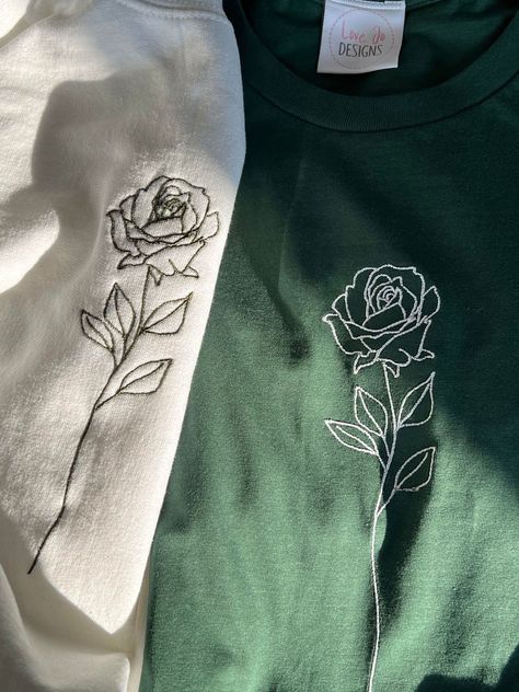 Organic Single Rose T-shirt - Embroidered Designs - Hand Drawn Rose - Sustainable Clothing - Soft Unique Top Tee Shirt Embroidery Ideas, Cute Shirt Designs Drawing, Shirts Embroidery Design, Red Shirt Embroidery, Black And White Embroidery Design, Embroidery Ideas For Shirts, Embroidered Black Shirt, Black Jeans Embroidery Ideas, Embroidery White Shirt