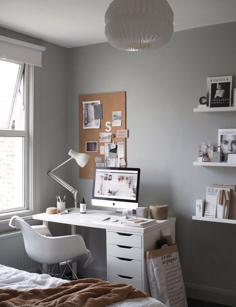 A cosy, grey home office for a freelance creative - my makeover reveal Grey Home Office, تصميم الطاولة, Minimalist Home Office, Minimalist Desk, Ikea Desk, Desks For Small Spaces, Grey Home, White Desk, Simple Desk