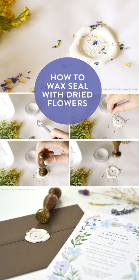 Pressed Flower Wax Seals, Wax Seal Tutorial, How To Wax Seal A Bottle, Wax Seal Dried Flowers, Making Wax Seals, Diy Sealing Wax Recipe, Wax Seal Ideas Fun, Wax Seals With Dried Flowers, Pressed Flower Wax Seal