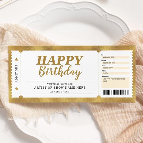 Concert Event Show Gold Gift Ticket Any Occasion Invitation. Cricut Save The Date Ideas Diy, Golden Birthday Parties, Ticket Party Invitations, Ticket Invitation Birthday, Diy Save The Dates, Ideas Regalos, Concert Ticket, Golden Birthday, Ticket Invitation