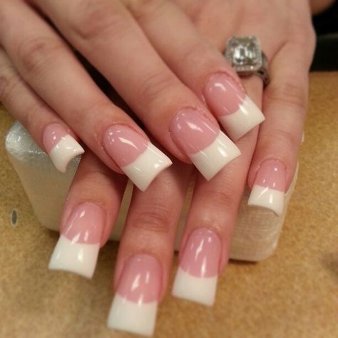 Pink and white..permanent French Pink And White Nails French, Pink And White French Tip, Flare Acrylic Nails, Fake Nails Shape, Long French Nails, Classic French Tip, Short Coffin Nails Designs, Flare Nails, Wide Nails