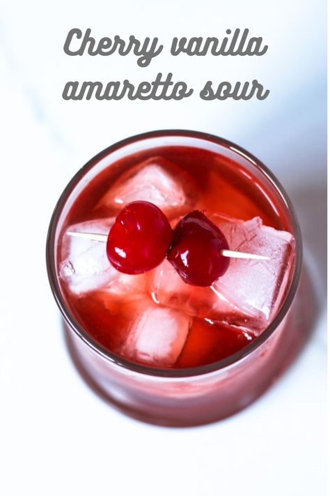 Vanilla vodka and tart cherry juice elevate the classic amaretto sour into one delicious cocktail! Cherry Vanilla Whiskey Sour, Cherry Amaretto Sour, Sour Cherry Cocktail, Vodka Cherry Sour, Olive Garden Amaretto Sour Recipe, Cherry Vodka Sour Recipe, Cherry Sour Cocktail, Cherry Vodka Cocktails, Cherry Juice Cocktail