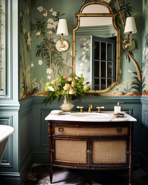 A Very Regal Bathroom with Wallpaper and Panelling Bathroom Panelling With Wallpaper, Bold Wallpaper Powder Room, Baie Vintage, Modern Farmhouse Bathroom Ideas, Parisian Bathroom, Victorian Style Bathroom, Farmhouse Bathroom Design, Bamboo Bathroom, Victorian Bathroom