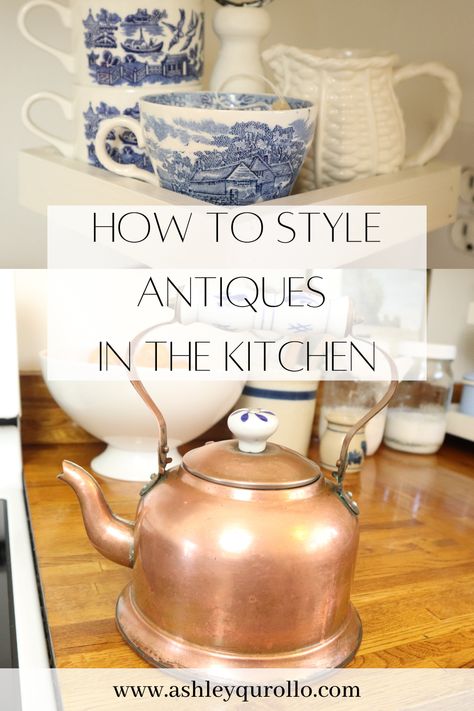 Using Antiques In Kitchen, Display Copper Pots In Kitchen, How To Display Teapots, Vintage Kitchen Display Ideas, Antique Crocks Decor Ideas Kitchen, Displaying Vintage Aprons, Antique Glassware Display, Crock With Rolling Pins, Antique Country Kitchen