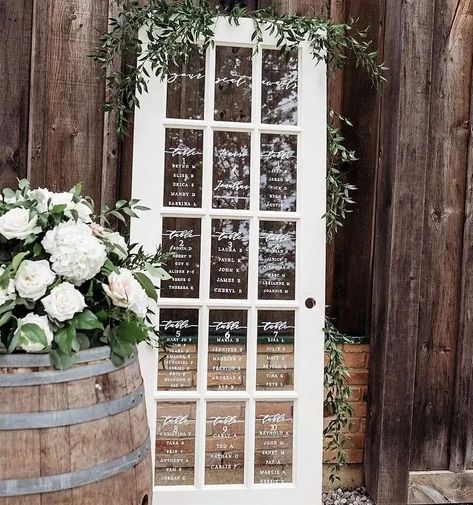 Wedding Seating Chart Window Pane, Glass Door Wedding Seating Chart, Glass Door Seating Chart, Seating Chart On Window, Window Pane Seating Chart, Window Pane Seating Chart Wedding, Window Seating Chart Wedding, Window Wedding Decor, Rustic Charm Decor