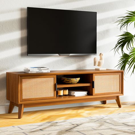 Retro Entertainment Center, Wood Furniture Design Living Room, Living Room Designs Wood Furniture, Light Wood Tv Console, Cute Tv Stand Ideas, Mcm Tv Stand, Aesthetic Tv Stand, Rattan Tv Console, Mid Century Entertainment Center