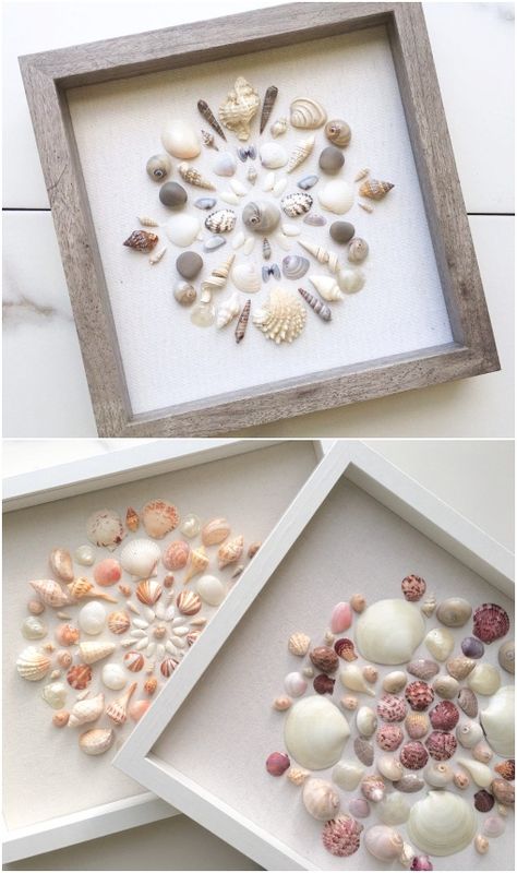 Framed Shell Art Templat Kotak, Seashell Art Diy, Beach Decorations, Dekorasi Bohemia, Art Coquillage, Shells Diy, Seashell Projects, Sea Crafts, Shell Crafts Diy