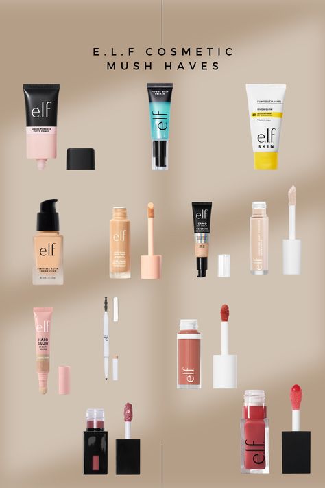 ELF cosmetic essentials Elf Make Up, Elf Cosmetics Must Haves, Old Hollywood Glam Makeup, Elf Makeup Products, Hollywood Glam Makeup, E.l.f. Cosmetics, Dark Eyeshadow, Beauty Habits, How To Apply Concealer