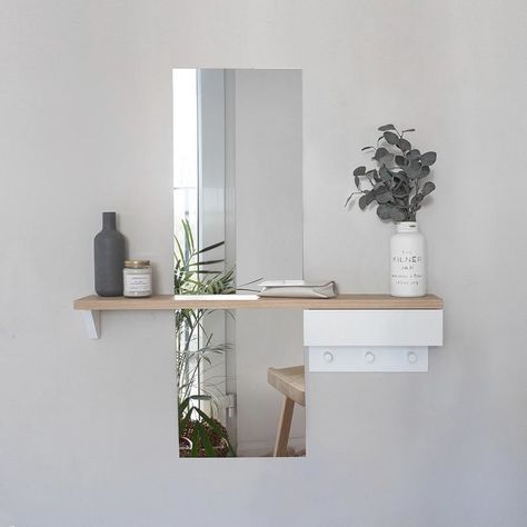 A four-in-one shelving unit designed with a shelf, drawer, three hooks, and a mirror to truly take advantage of the space in your hallway and give you a place to store those random things your not quite sure what to do with. Hallway Shelf, Entryway Shelf, Hallway Mirror, Narrow Hallway Decorating, Small Space Organization, Small Entryway, Narrow Hallway, Small Hallways, Mudroom Furniture