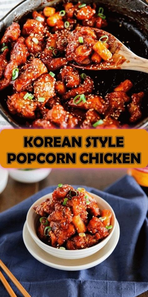 Korean style popcorn chicken (Dakgangjeong, 닭강정) is a popular Korean street snack in Korea. The boneless chicken nugget is deep fried and coated with Korea’s special sticky, spicy, tangy and sweet sauce. Korean Popcorn Chicken Recipe, Bbq Fried Chicken, Gochujang Recipe, Gochujang Chicken, Easy Corn Casserole, Popcorn Chicken Recipe, Chicken Sauce Recipes, Popcorn Shrimp, Korean Chicken