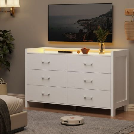 6 Drawers Double Dresser with LED Lights for Your Home  This white dresser has an elegant and fashionable appearance, which is easy to match with any indoor style, making your room look clean and bright, and showing your taste.  Smart 6 drawers dresser with 3-color LED lights, supports 3 color modescold white/warm white/warm yellowand 10-level brightness adjustment. It can be used as a dresser TV stand, to place your DVD, record player, and other equipment, LED lights make it looks prettier in t Dresser With Tv Decor, White Dresser Decor, White Dresser Bedroom, Dresser Tv, Dresser Decor Bedroom, Future Bedroom Ideas, Drawers For Bedroom, Dresser Tv Stand, Tv Stand With Drawers