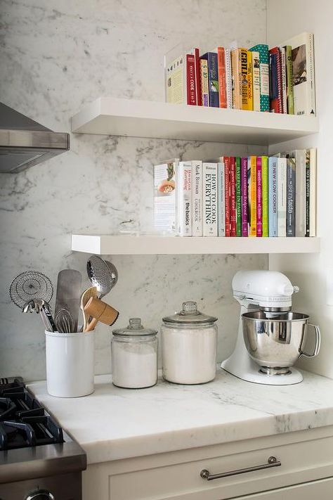 Fabulous kitchen features a stacked white floating cookbook shelves suspended over a white KitchenAid Mixer. White Kitchenaid Mixer, Cookbook Display, Cookbook Storage, Kitchen Bookshelf, Cookbook Shelf, Cocina Diy, Kabinet Dapur, Fabulous Kitchens, Kitchen Cookbook