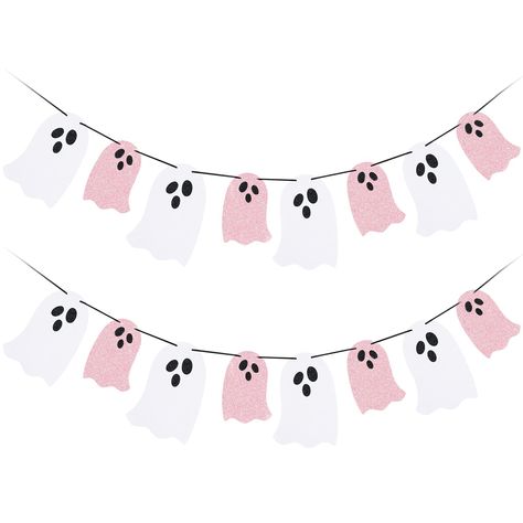 PRICES MAY VARY. Package Includes: 2Pcs White pink Glitter Hanging Ghost garland, awesome decorations to meet your Halloween party favor. Halloween Ghost Decorations: Unique shape design and white&pink glitter color, full Halloween featival feeling.It is a must-have garland to brighten up your home, office or outdoor anywhere you want to decorate. Easy To Assemble: Just place a ribbon through the hole at the top of each letter cardstock.You can use it as an excellent backdrop or photo prop to de Ghost Banner, Halloween Hanging Ghost, Haunted Mansion Halloween, Glitter Halloween, Halloween Ghost Decorations, Hanging Ghosts, Halloween House Party, Halloween Garland, Ghost Decoration