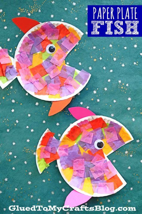 #gluedtomycrafts Paper Plate & Tissue Paper Tropical Fish - Kid Craft Kunst For Barn, Paper Plate Fish, Kerajinan Diy, Aktiviti Kanak-kanak, Paper Plate Crafts For Kids, Toddler Arts And Crafts, Fish Crafts, Ocean Crafts, Aktivitas Montessori