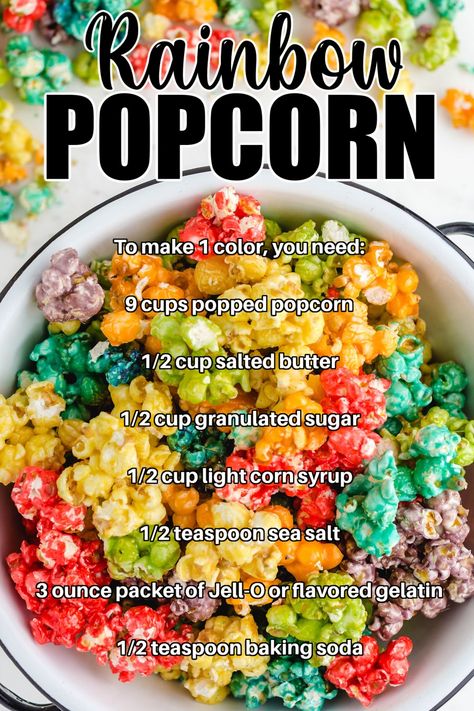 Overhead shot of rainbow popcorn in a bowl. Essen, Family Color Party Snacks, How To Make Rainbow Popcorn, Candy Popcorn Recipe Simple, Rainbow Popcorn Recipe, Skittles Popcorn Recipe, How To Make Colored Popcorn, Colorful Baked Goods, Rainbow Food Ideas Party Treats