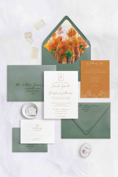 The autumn crest invitation suite has a beautiful fall crest and autumn florals. The pumpkin and terra cotta detail is perfect for a fall wedding and would complement a seasonal or outdoor vibe. This suite features touches of pumpkins throughout the suite. Customize any of the colors of designs, fonts, and envelopes to go with your wedding colors. Crest Invitation, Botanical Invitation, Autumn Florals, Vermont Wedding, Save The Date Karten, Luxury Printing, Fall Wedding Invitations, Autumn Pumpkin, Fall Color Palette