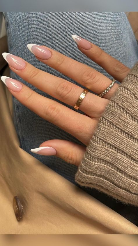 Medium Almond Acrylic Nails French Tip, French Tip Acrylic Nails Medium Length Almond, Almond American Tip Nails, White Tip Oval Acrylic Nails, Almond Nail Dip Designs, Trendy French Nails Almond, Tapered Almond Acrylic Nails, Two French Tip Accent Nails, Almond Tips Nails Designs