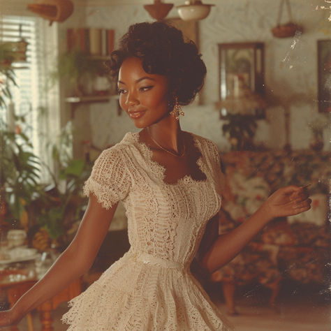 Vintage photo of black woman in 1950's dancing in her living room archive photo ai photo stock photo of woman dancing Black Women Victorian Era, Black 1950s Women, Black Women 1950s Fashion, Black Women In 1950s, Black Housewife Photoshoot, 1930 Black Women, 60s Aesthetic Black Women, Mysterious Feminine Aesthetic, Vintage African Fashion