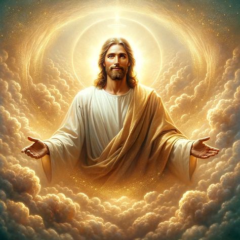 A majestic and serene image depicting Christ in heaven, surrounded by a soft, radiant glow, looking down towards us with compassion and wisdom. The background is filled with ethereal clouds, shimmering with golden light, suggesting a divine and peaceful realm. Christ is depicted in a traditional, yet powerful pose, his hands open in a welcoming gesture, and his eyes filled with love and... Jesus