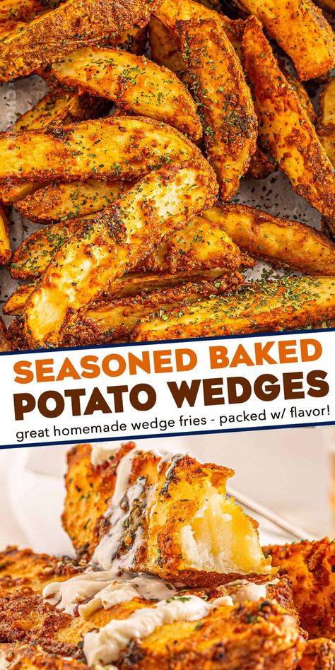 These Baked Potato Wedges are seasoned with zesty blend of spices and baked until gloriously crispy on the outside, and soft and fluffy inside! They're the perfect side dish! Potato Wedges Recipe Baked, Sides Made With Potatoes, Gluten Free Potato Wedges, Wedges Fries Recipe, Crispy Oven Potato Wedges, Crispy Oven Roasted Potatoes Wedges, Oven Potato Wedges Crispy, Wedge Fries Baked, Baked Wedges Potato