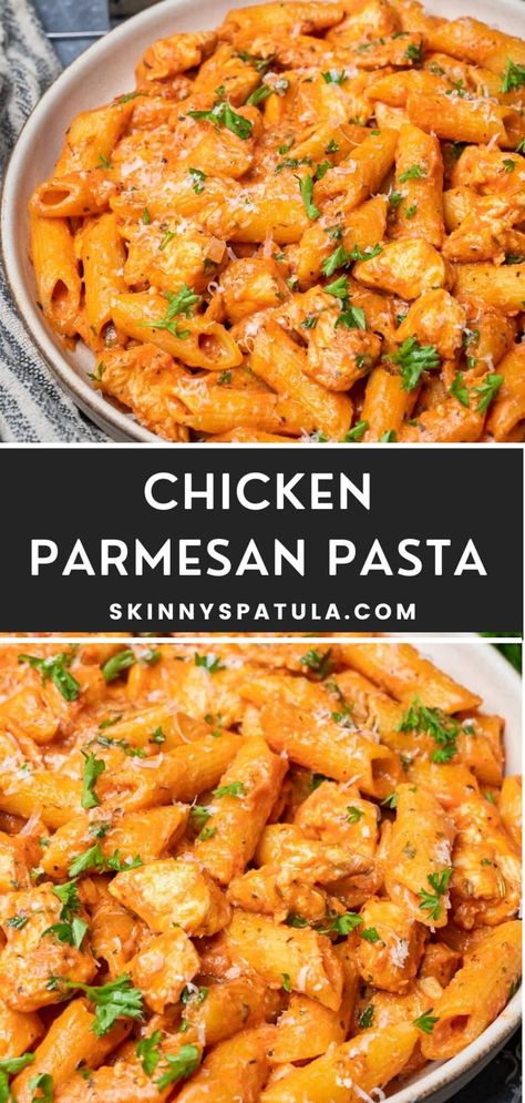 Chicken Parmesan Pasta Chicken Pasta Recipes Easy, Easy Pasta Dinner Recipes, Resep Pasta, Chicken Parmesan Pasta, Easy Pasta Dinner, Recipe Pasta, Fast Dinner Recipes, Parmesan Pasta, Pasta Dinners