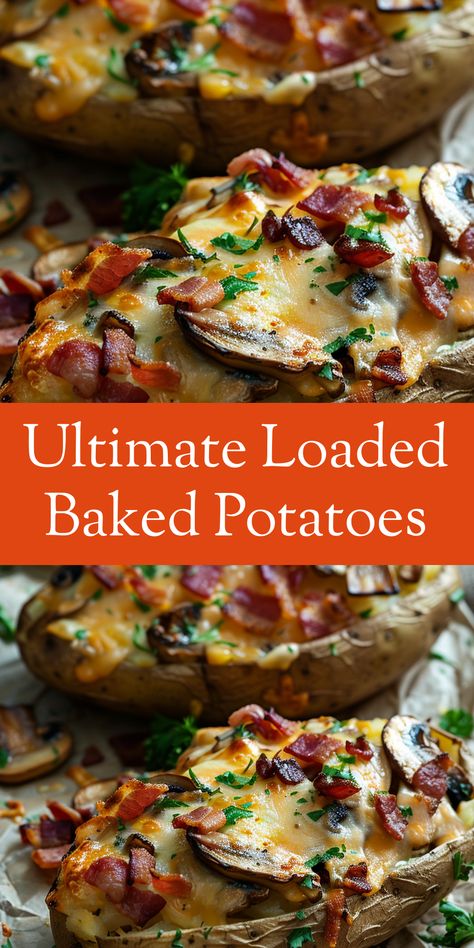 Enjoy the ultimate comfort food with these Loaded Baked Potatoes. Filled with sour cream, bacon, cheese, and veggies! Loaded Baked Potato Healthy, Bake Potatoes Topping Ideas, Oven Baked Loaded Potatoes, Loaded Baked Potato Recipes Oven, Veggie Loaded Baked Potato, Twice Baked Loaded Potatoes, Loaded Baked Potato Toppings, Loaded Baked Potatoes Recipes, Loaded Baked Potato Ideas