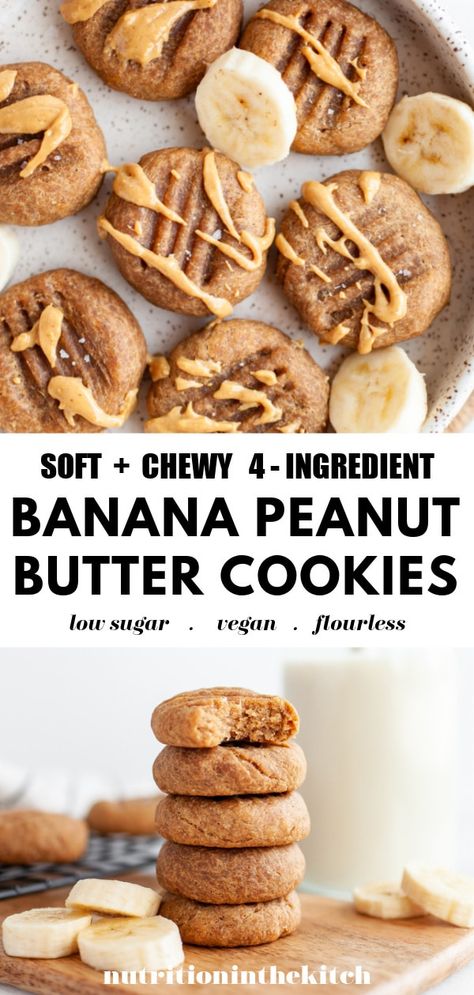 One of the easiest cookie recipes these flourless, vegan, gluten free banana peanut butter cookies are healthy (and seriously easy!). Made with just 4 ingredients these healthy banana cookies are stellar. Short on time? All you need is 15 minutes! Amp it up: try them with chocolate chips or other suggested additions! Banana Peanut Butter Cookies, Banana Cookies Healthy, Peanut Butter Banana Cookies, Banana Peanut Butter, Banana Cookies, Gluten Free Banana, Healthy Banana, Dessert Dips, Healthy Peanut Butter