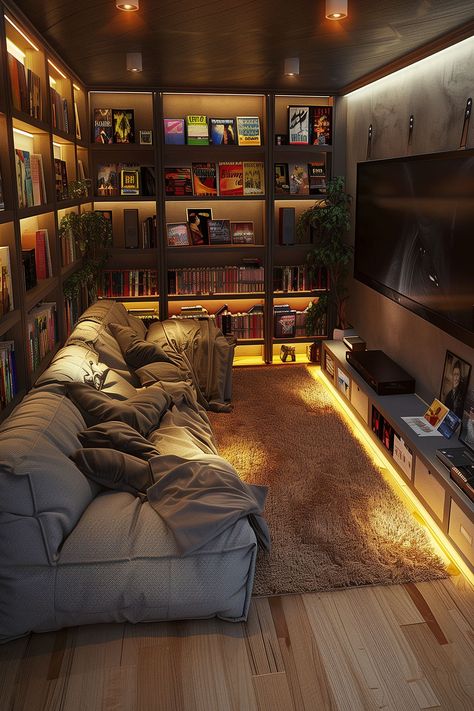 Small Theatre Room Ideas Cozy, House Design Ideas Living Room, Game Room For Two, Movie Room Bedroom, Movie Library Room, Movie Den Ideas, Movie Rooms In House Cozy, Small Library Living Room, Chill Game Room