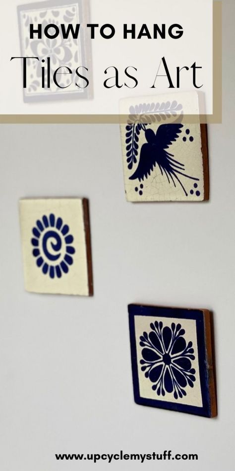 How to Upcycle Tiles as Wall Art - Upcycle My Stuff Hanging Tile Art, Tile As Art, Frame Tile Art, Terracotta Tile Art, Tile Wall Art Diy, How To Hang Ceramic Tiles On Wall, Painted Tiles Art, Tile Display Ideas, Tiles Decoration Ideas