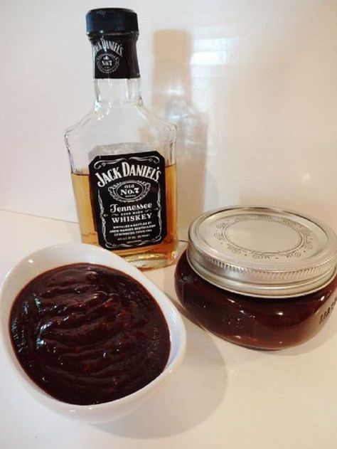 Gentleman's BBQ Sauce (Makes about one quart) Ingredients 1/2 cup Gentleman Jack Daniel*s whiskey 1/2 large sweet onion 1/4 cup apple cider vinegar 1/4 cup honey mustard 2/3 cup brown sugar 5 cups ketchup 2 tsp. sea salt 1 tbsp. garlic powder 1 1/2 tsp. paprika 1 1/2 tbsp. hickory liquid smoke 1 tsp. chili powder Jack Daniels Bbq Sauce, Jack Daniels Recipes, Mop Sauce, Honey Bourbon, Bbq Sauce Recipe, Homemade Bbq, Bbq Sauce Homemade, Weird Food, Homemade Sauce