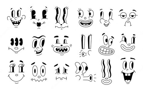 Premium Vector | Retro 30s characters mascot comic faces expression of the 50s 60s quirky eyes and mouths cartoon animation in funny style vintage avatars vector background Comic Png, Comic Faces, Disney Drawing Tutorial, Arte Do Mickey Mouse, Comic Face, Cartoon Style Drawing, Tattoo Outline Drawing, Drawing Cartoon Faces, Cartoon Eyes