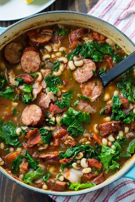 Stew With Sausage, Blackeyed Pea Recipes, Zucchini Zoodles, Black Eyed Pea Soup, Black Eyed Peas Recipe, Sausage And Kale, Spicy Southern Kitchen, Black Eyed Pea, Peas Recipe