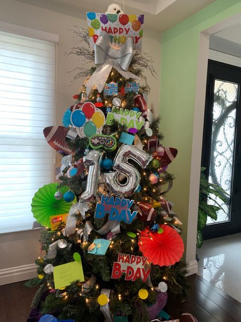 My son’s birthday is just a couple weeks after christmas so i decided to make him a birthday tree! And now i cant procrastinate on taking the tree down a little longer All Year Round Christmas Tree, Birthday Tree Decorations, Birthday Tree Ideas, Birthday Christmas Tree, Decorate Tree, Themed Trees, Birthday Tree, Seasonal Tree, Indoor Tree