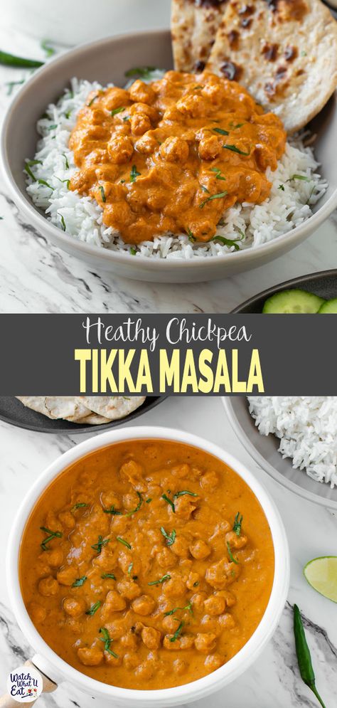 Enjoy authentic Indian flavors in this Healthy Chickpea Tikka Masala. Simple and easy vegetarian tikka masala recipe for a weeknight meal or to serve in a party. | #watchwhatueat #tikkamasala #chickpea #chickpeacurry #Indiancooking Vegetarian Tikka Masala, Chickpea Tikka Masala, Tikka Masala Vegetarian, Tikka Masala Recipe, Idee Pasto, Tasty Vegetarian Recipes, Makanan Diet, God Mat, Masala Recipe