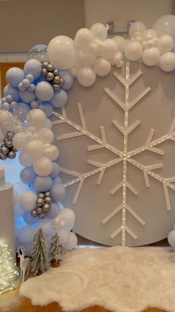 Winter Wonderland Ball Decorations, Winter Wonderland Aesthetic Party, Winter Wonderland Party Diy, Winter Ballon Arch, Diy Winter Wonderland Backdrop, Snowflake Balloon Garland, Winter Wonderland Formal Theme, Winter Wonderland Parade Float Ideas, Winter Wonderland Christmas Party Theme