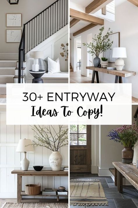 Entry Way Modern Farmhouse Ideas, Entryway Ideas Transitional Entrance, Entryway Console Ideas, Entry Way With Stairs Decor, Entry Tables Decor, Entryway Table Ideas Front Entrances, Entry Way Designs For Home, Traditional Foyer Ideas Entryway, Entryway With Window