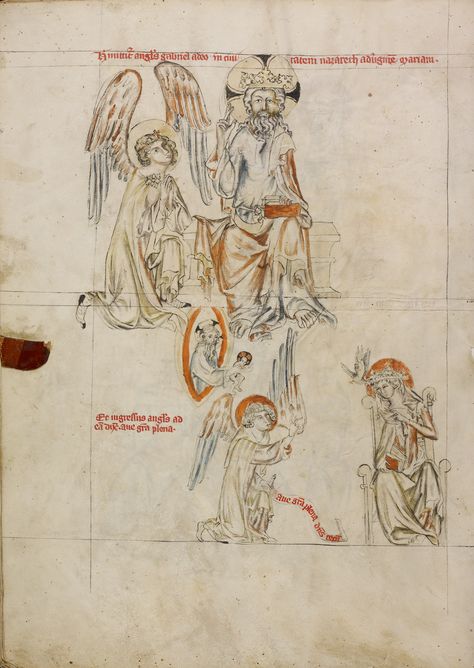 The Lord Sending out Gabriel; The Annunciation (Getty Museum) Unknown maker Culture: Silesian Place:Silesia, Poland (Place Created) Date:1353 Tempera colors, colored washes, and ink on parchment Ms. Ludwig XI 7 (83.MN.126), fol. 167v Tempera, Saint Hedwig, The Annunciation, Getty Villa, J Paul Getty, Getty Museum, Classic Image, Medieval Art, Museum Collection