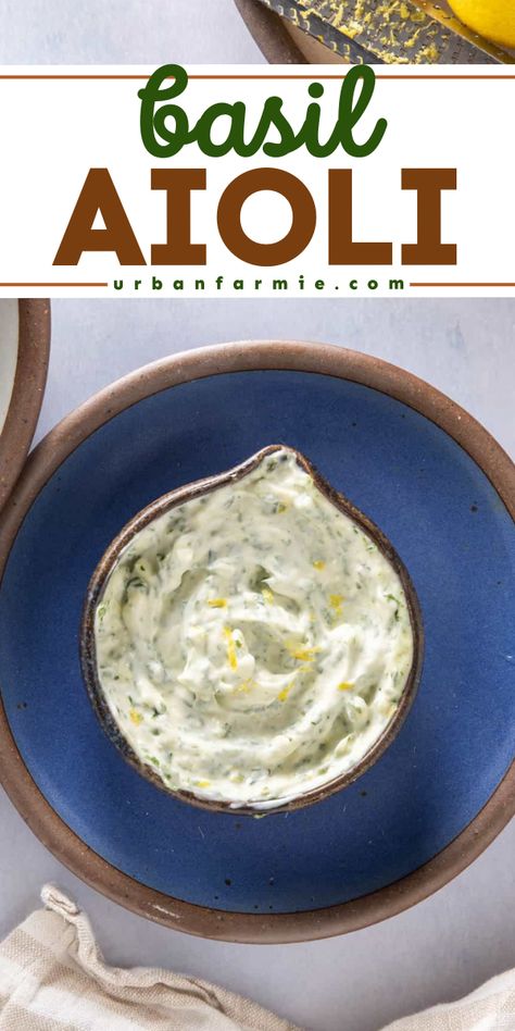 You're going to love this basil aioli with lemon! Not only is this homemade sauce creamy, but it also has the flavors of garlic and lemon. So light yet indulgent! Save this simple condiment recipe and try it! Lemon Herb Aioli, Aoli Recipes, Herb Aioli Recipe, Basil Aioli Recipe, Aoli Recipe, Spring Recipes Vegetarian, Chef Ramsey, Oregano Recipes, Basil Aioli