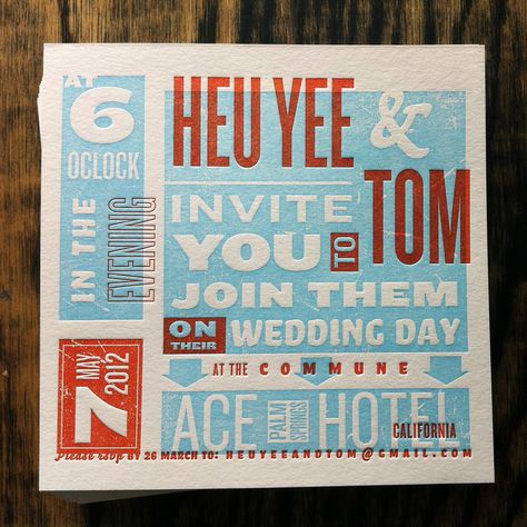 Typographic letterpress invitations for Heu Yee & Tom. Knockouts, overprinting and assymmetry = one fun and evocative invite. Typographie Inspiration, Letterpress Poster, Letterpress Design, Graphic Design Collection, Letterpress Invitations, Letterpress Wedding, Invitation Inspiration, Graphic Design Photography, Business Cards Creative